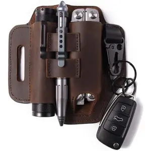 Multitool Belt Sheath EDC Organizer with Flashlight Pen Holder Keychain Clip Natural Leather 3 in 1 Compact Size 6.3x5.9 Inches Perfect for 5 Inch Belts Practical EDC Belt for Men