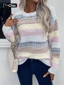 WOMEN'S Y2K COLORFUL STRIPED KNITTED TOP, Knitwear, WITH A SIMPLE CREW NECK DESIGN, KNITTED FABRIC WITH SOFT, SKIN-FRIENDLY TOUCH, OVERALL STYLE SIMPLE AND VERSATILE, EASILY CREATING DAILY STREET OR LAZY COZY DRESSING ATMOSPHERE
