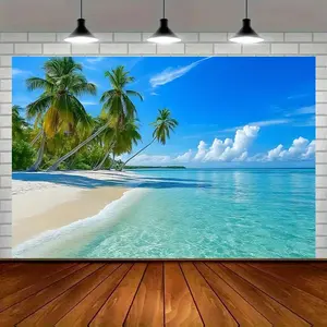 1pc 2D Flat Hawaiian Tropical Beach Party Banner - Vibrant Polyester Backdrop with Palm Trees & Turquoise Ocean for Home, Room, and Wall Decor, Perfect for Summer-Themed Events & Photo Props, Ornaments Landscape White