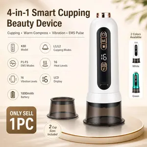 K80 Smart Cupping Beauty Device, 4-in-1 EMS Pulse Warm Compress Vibration Massager for Face & Body Care, Detachable 2 Cup Sizes, LCD Display, 16 Levels, Type-C Rechargeable, White/Green, USB Rechargeable Massagers