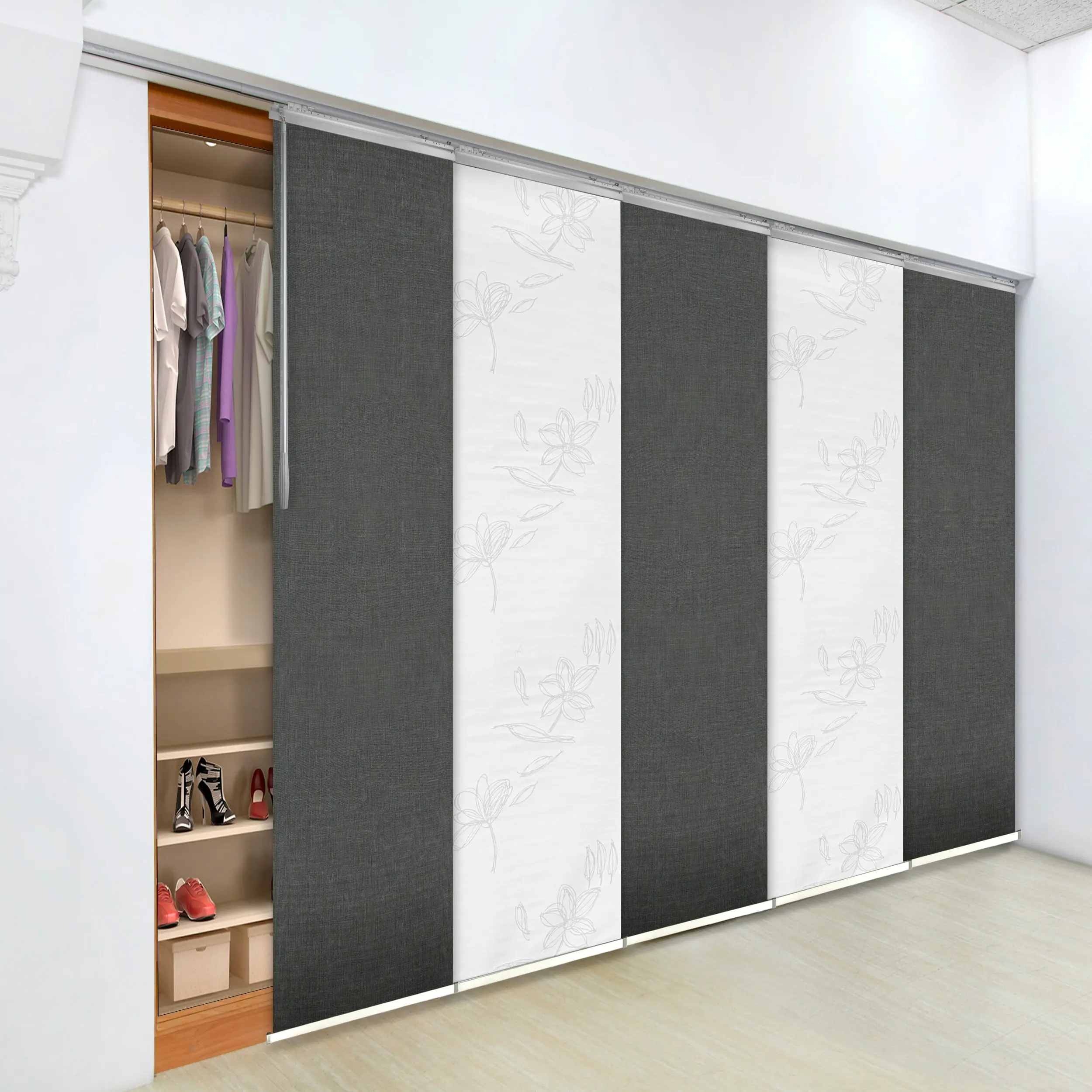 5-Panel Single Rail Panel Track Blind Extendable 58"-110"W x 91.4"H, Panel width 23.5", Lotus, Smoke