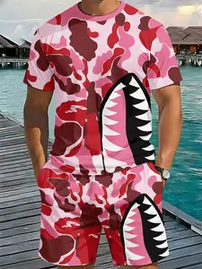 Men's 3D Digital Printed Fitted Two-Piece Set with Pink Camouflage Shark Mouth Design, 2Pcs, Retro, Vintage Casual, Vacation Style Outfit, Breathable Sporty Casual Style, a Perfect Holiday Gift for Men