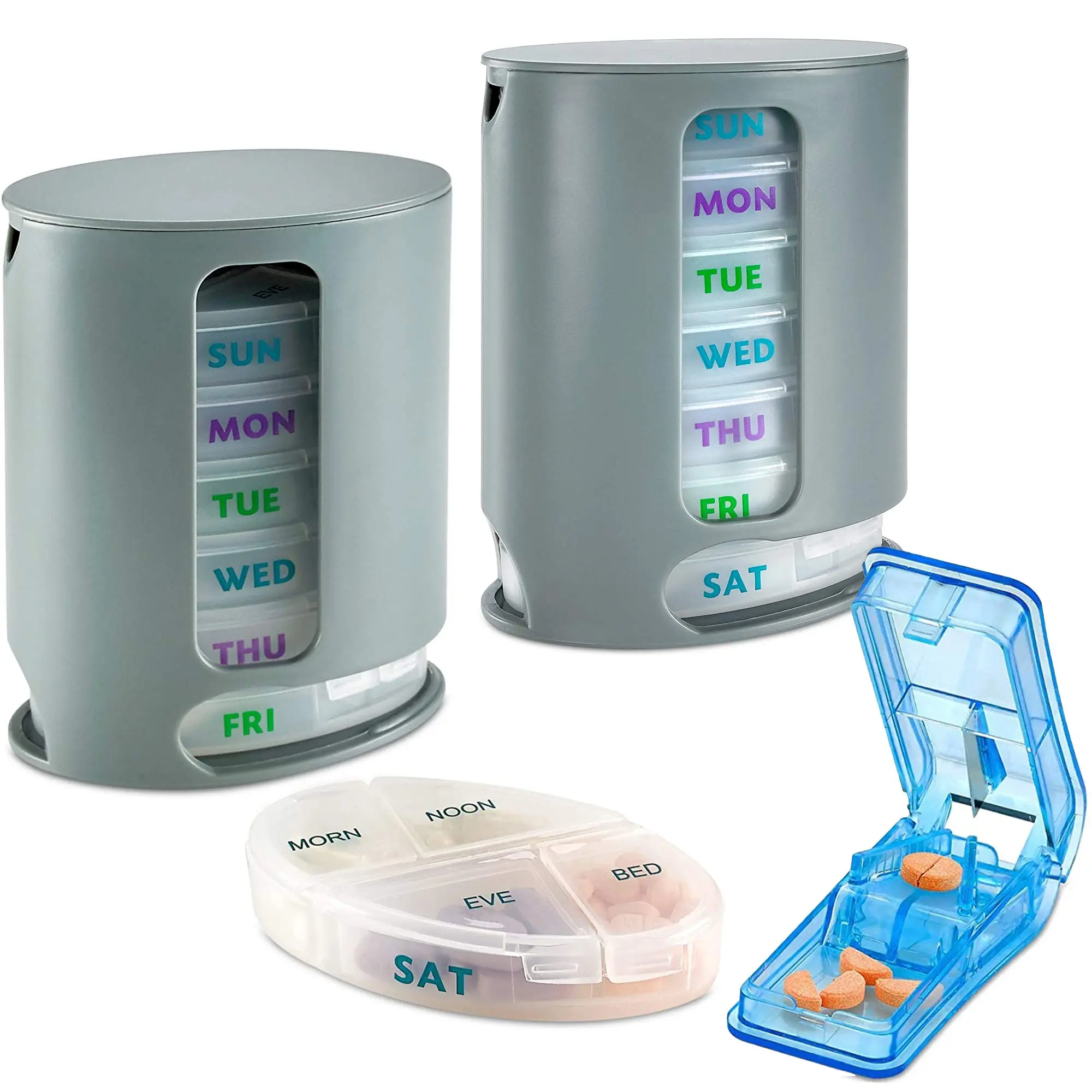 Weekly Pill Organizers with Pill Cutter Splitter (Pack of 2) 4 Times a Day Weekly Medication Dispenser Reminder, 7-Day Stackable Compartments - Morning, Noon, Evening, and Bedtime, Grey