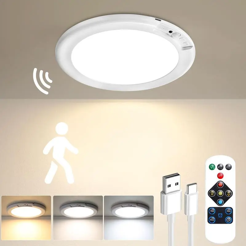 Rechargeable Motion Sensor LED Lamp - Ceiling Mounted, Magnetic, Wireless, Remote Control, 3 Color Temperatures Dimmable, Auto On/Off, Removable Lighting for Indoor Use to Light Up Your Space