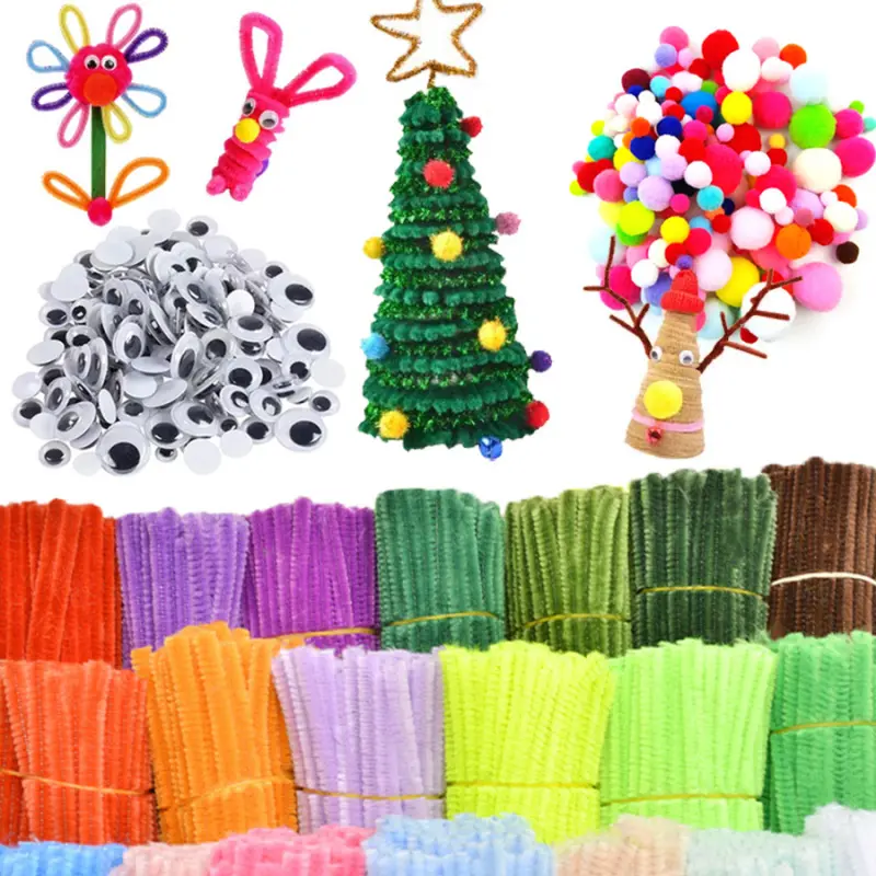 500 pipe cleaning and twisting sticks with fluffy balls and black and white eyes | Holiday parties, birthday gifts, interior decoration, party decoration supplies, Party Favor Packs handmade set - made of iron and fabric materials