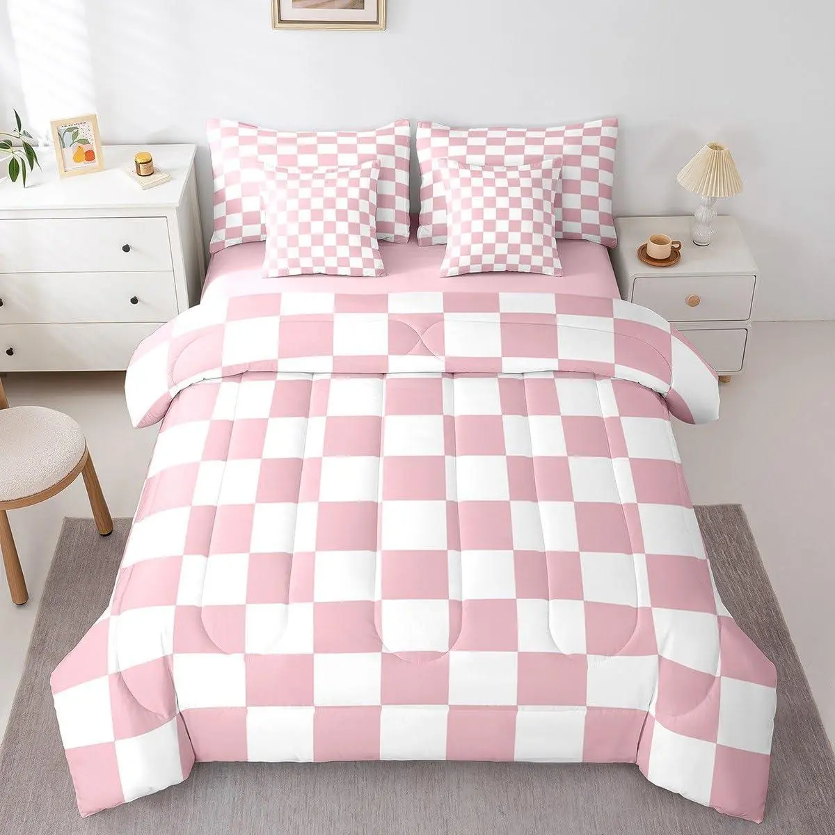 Checkered 7 Piece Bedding Set Teen Women Men Pink Plaid Comforter Set with Sheets Kids Boys Cute Retro Neutral Checkerboard Geometric Bed in a Bag Vintage Aesthetic Room Decor