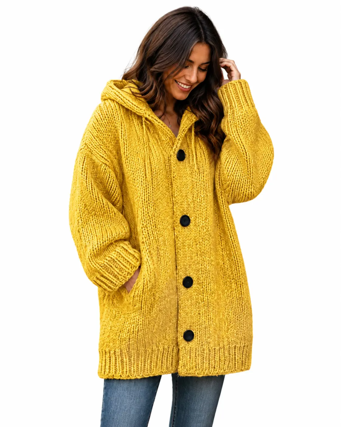 Women’s Mid-Length Hooded Cardigan Sweater – Cozy Open-Front Knit Coat, Casual Long-Sleeve Layering Jacket for Fall & Winter Knitwear Tops