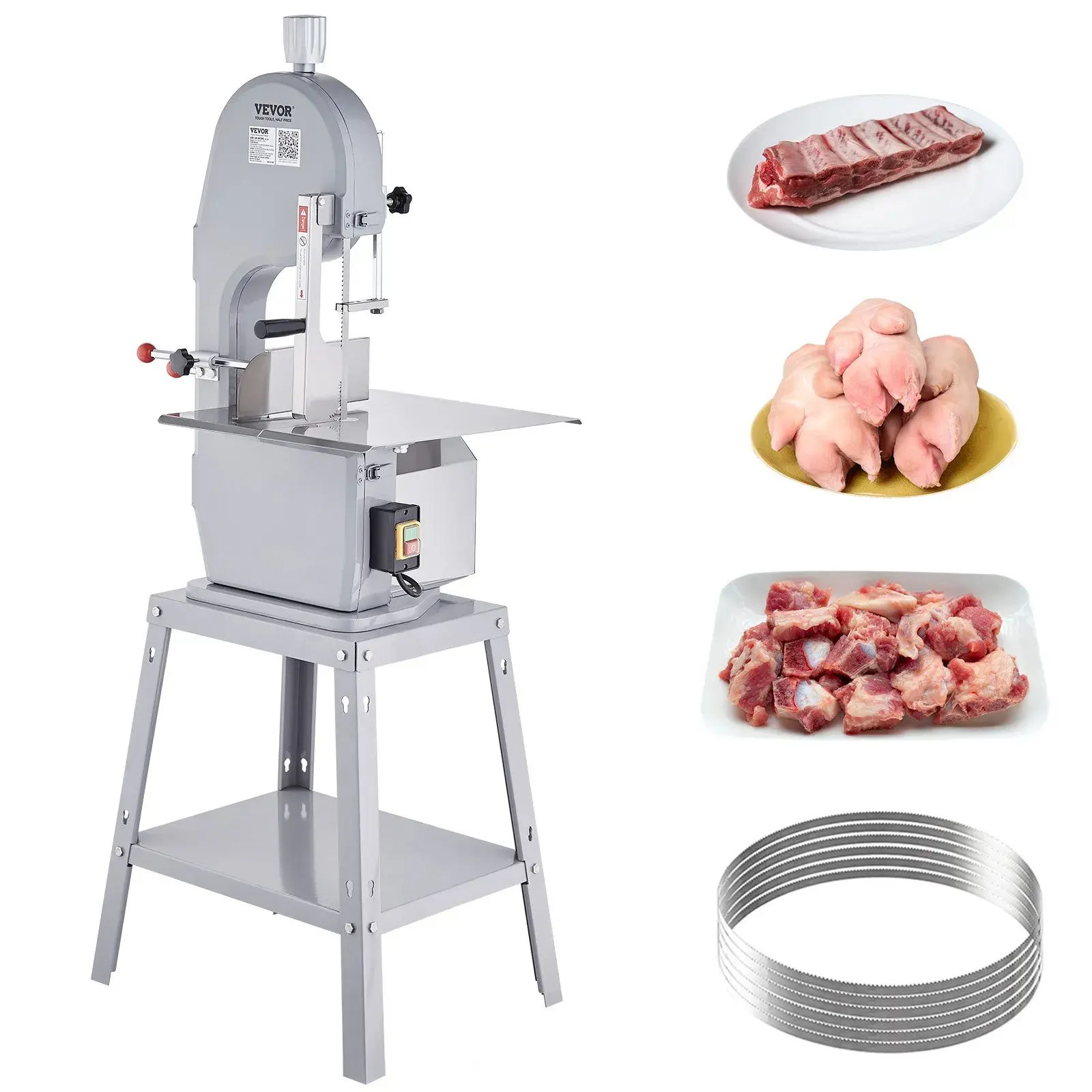 【Summerfinds】VEVOR Commercial Electric Meat Bandsaw,1500W Stainless Steel Vertical Bone Sawing MachineWorkbeach 19.3" x 15"0.16-7.9 Inch Cutting ThicknessFrozen Meat Cutter with 6 Blades for Rib Pork Beef, Bone Cutting Tool, Meat Cutting Equipment