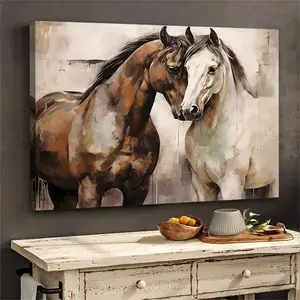 1pc Framed Horse Canvas Wall Art Print - Charming Rural Horse Poster, Romantic Love Decoration, Multi-Size Couple Gifts for Bedroom, Rustic Animal Home Decor, 2D Flat Nature Enthusiast Room Decor