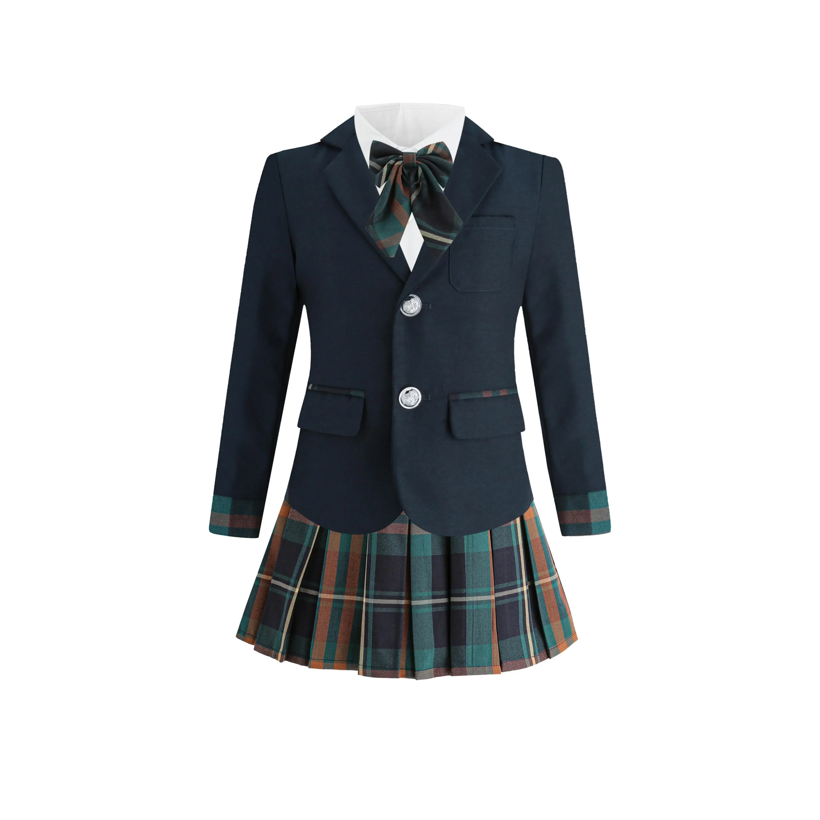 Girls Navy Blazer Set with Pleated Skirt & Bow Tie, British School Uniform for Kindergarten, Academic Formal Dress Suit for Kids, No Shirt Included