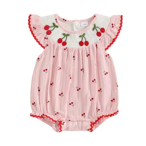 Newborn Baby Girl Summer Outfit Cherry Embroidery Sleeveless Round Neck Smocked Fly Sleeve Romper Bodysuit Summer Clothes