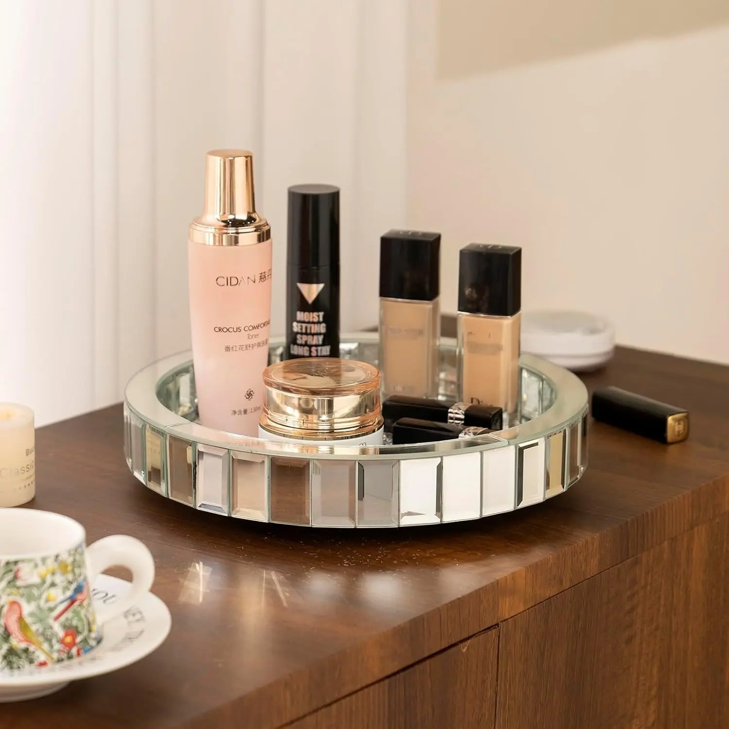 12" Rotating Makeup Perfume Organizer, Storage Organizer, Beauty Organizer, Mirror Glass Coffee Table Tray, Silver Glass Vanity Tray fits Dresser Bedroom,Smooth Round Perfume Display Holder,Crushed Diamond Decorative Home Decor,Gift Idea for Women