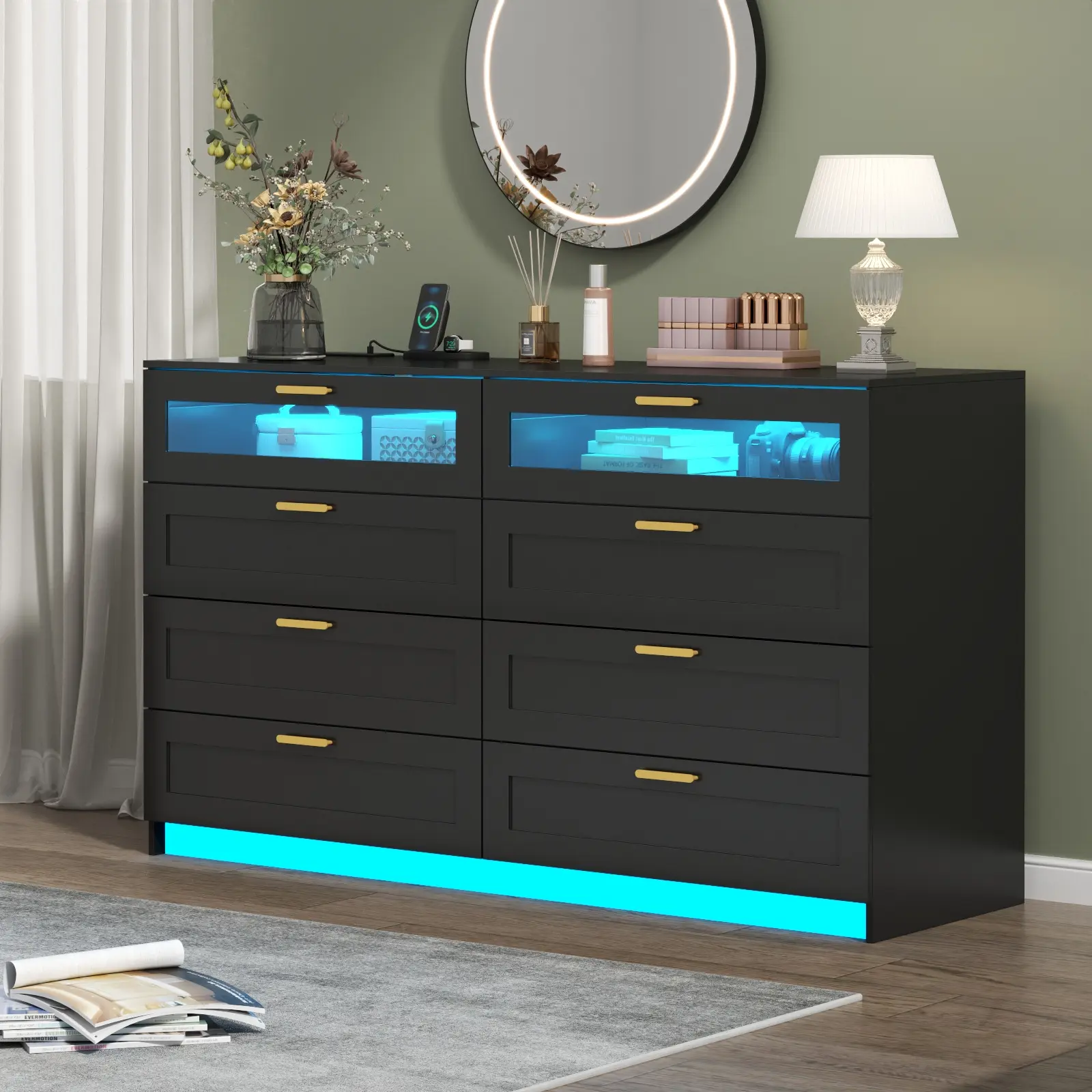Gyfimoie 8 Drawers Dresser with Charging Station and LED Lights for Bedroom, Modern Chest of Drawers for Closet, Double Wide Dresser Organizer for Bedroom, Living Room, Entryway bedroom dresser Cabinets Storage Home