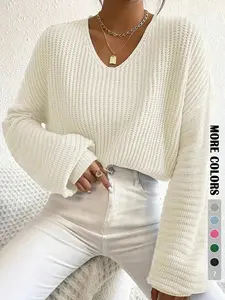 Women's Solid Hollow Out Drop Shoulder Loose Sweater, Casual Long Sleeve V Neck Jumper for Daily Outdoor Wear, Women Knit Top for Fall & Winter, Knitwear