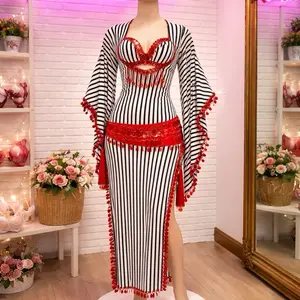 Lady's Egyptian Saidi-Style Belly Dance Galabeya Costume, Striped Essential Womenswear Accessories for Elegance