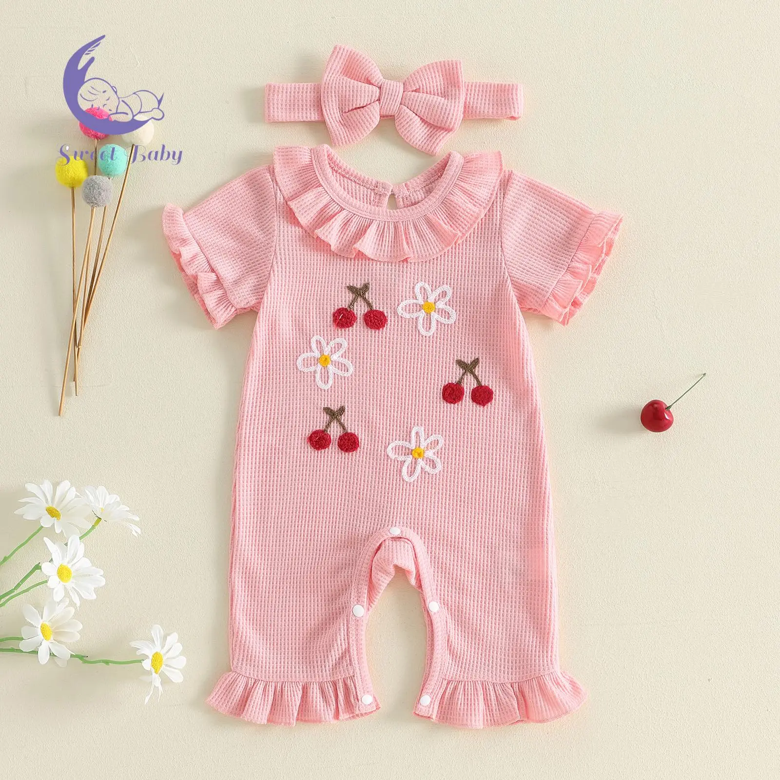 Girl's Baby Clothes 0-3 Months 2-Piece Polyester Casual Romper Outfit Set - 42-51 cm Newborn Bodysuit, Short Sleeve Round Neck, Adorable Cherry Embroidery, Matching Headband, Printed Bodysuit Set