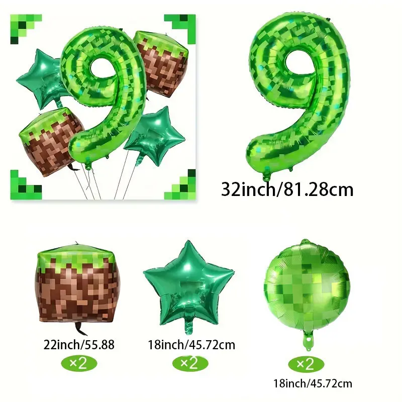 7 balloons 32 inch green pixel balloons, 6-9 digital foil balloon cubes, video game themes, Balloon party supplies, suitable for birthday party decorations and photography props, holiday decorations, shooter props, retro game design, reusable
