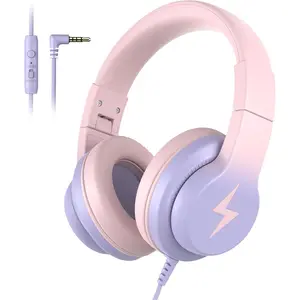 SQ-HPS014 Kids Headphones, Wired Headphones for Kids Over Ear with Microphone, 85/94dB Volume Limiter Headphone for Girls Boys, Foldable Headphone for Learning & Entertainment, Gradient Pink