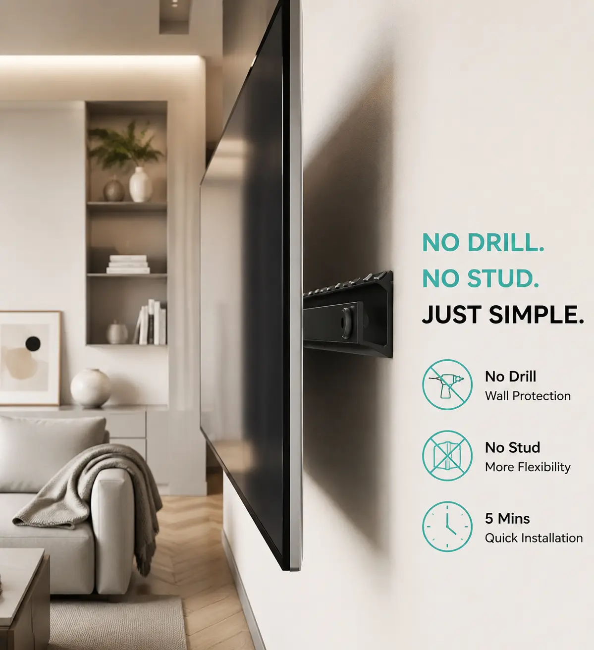 Auoace No-Drill Low Profile Tilting TV Wall Bracket - 5° Tilt, 22-55 in TVs, 100lb Capacity, Steel Drywall Mount, Fast Installation with Full Hardware Kit for Bedroom, Living Room