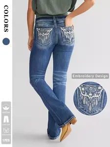 Women's Deep Blue Washed Micro-Rise Jeans, Pants, Embroidered Pockets, Stretch Denim, Slimming Effect, Fit, Casual Elegant Style, Daily Wear, Office Fashion, Party, Embroidery