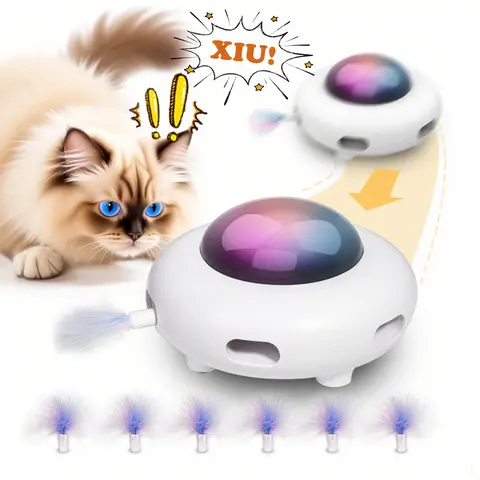Plush Interactive Modern UFO Automatic Cat Toy with LED Lights, Remote Control, USB Rechargeable Feather Release, Smooth Edges, Adjustable Speeds, Low Noise, Universal Fit for All Breeds - White Pet Accessory, Christmas/Birthday/New Year Gift Pack