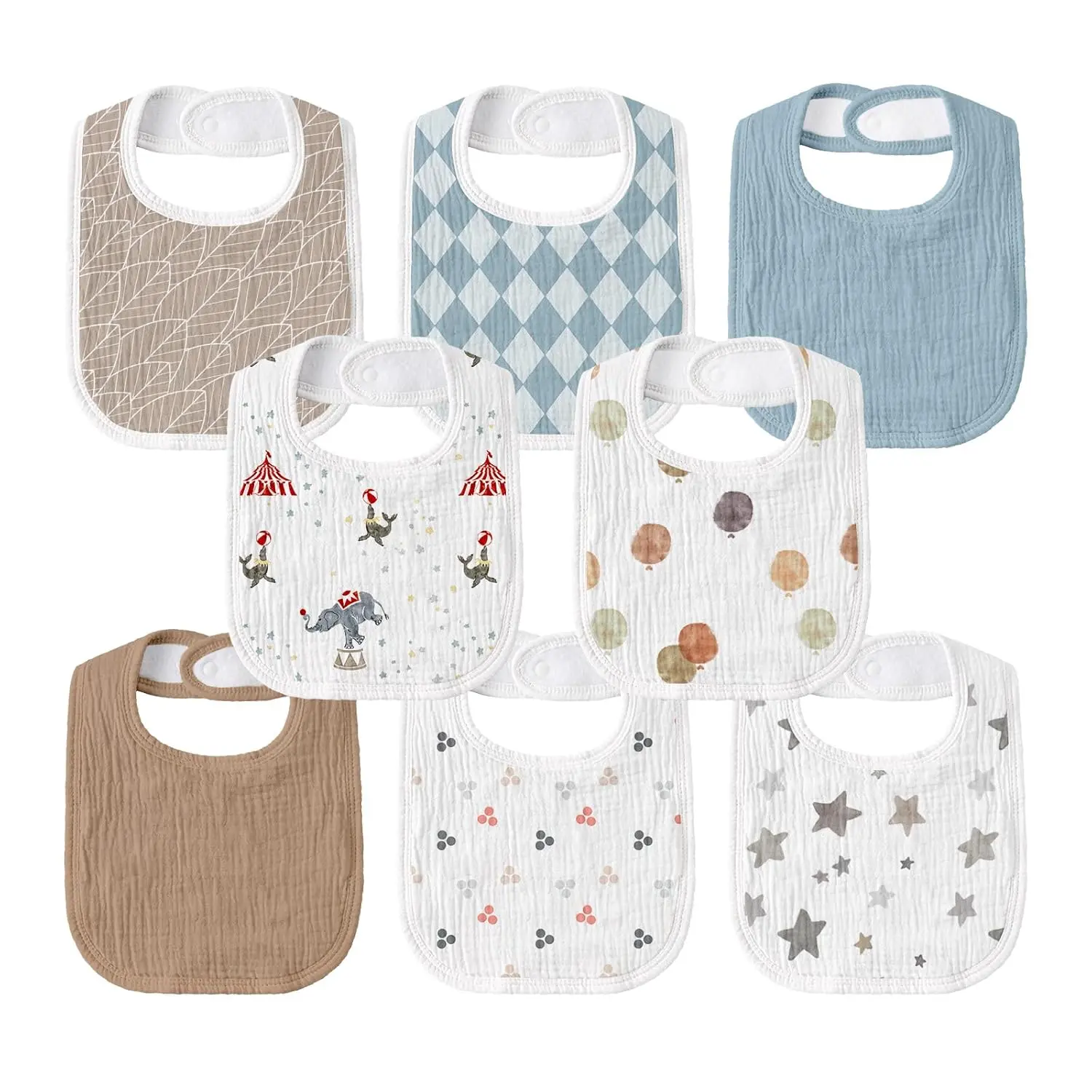 BABY Muslin Drool Bibs for Boys Girls 8 Pack Adjustable Soft Cotton Bandana Bibs for Drooling Teething Newborn Feeding Essentials Circus