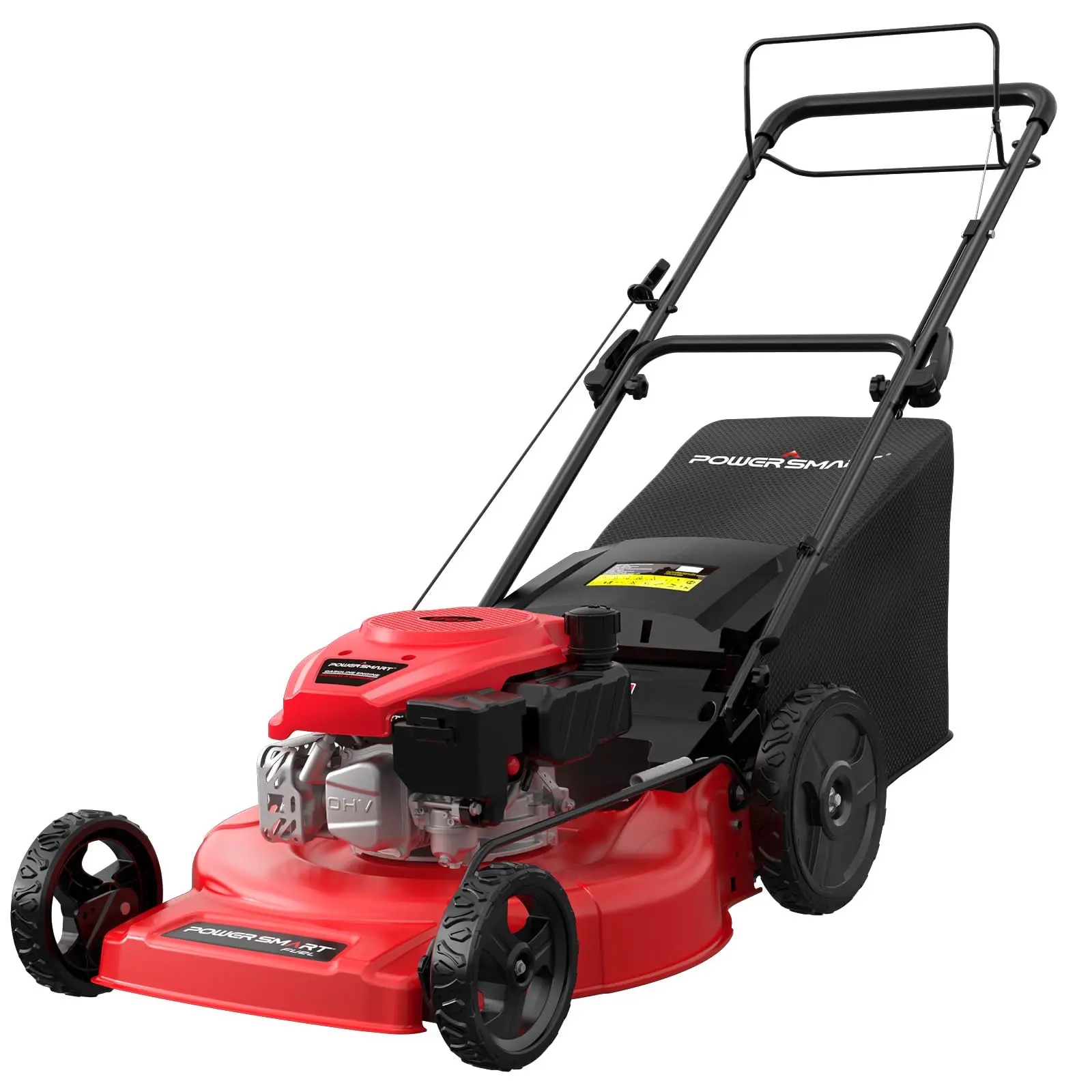 PowerSmart Self-Propelled Gas Lawn Mower - 22 in. All-Steel Cutting Deck, 170cc OHV Engine, Rear-Wheel Drive High Wheels, 2-in-1 Heavy Duty Blade, 1.4-Bushel Rear Bag, Easy Emptying, Versatile Design, Uneven Terrain Reliability, Black/Red (V8622S/V8622S1)