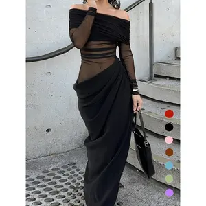 Women's Longsleeves Ruched Sheer Mesh Dress Dresses for Women 2025 Elegant Long Sleeve Long Dress Black Womenswear valentine's day outfit 