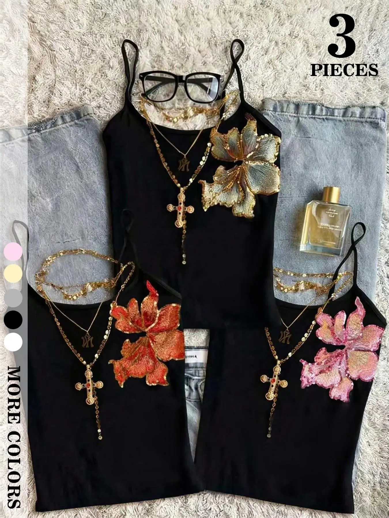 Sweet Floral Embroidered Sleeveless Cami Top Set of 3 for Women, Cute Fashion Design, Perfect for Daily Wear, Ideal Gift for Her, Everyday