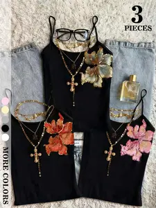 Sweet Floral Embroidered Cami Top Set of 3, Cute Fashion Design, Perfect for Daily Wear, Everyday, Ideal Gift for Her, Womenswear
