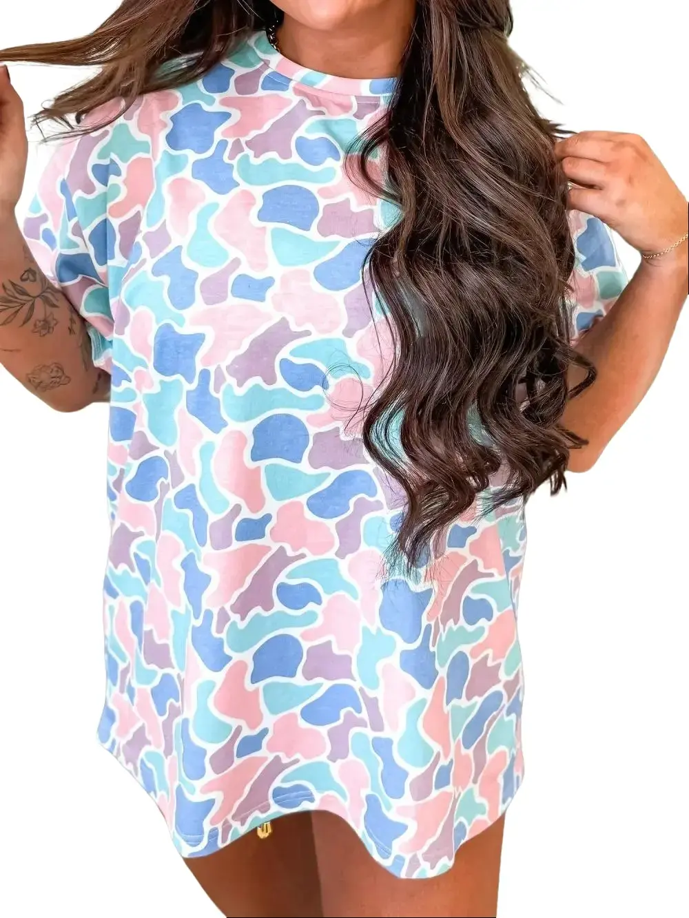 Women's Oversized Colorful Camouflage Short-Sleeve Crew Neck Casual T-Shirt Top, Camping Essentials, Stylish Wear, Trending Clothes, Fit Leggings-Matching Women's Clothes