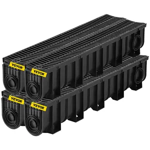 fathersdaygift VEVOR Trench Drain System, Channel Drain with Plastic Grate, 5.9x7.5-Inch HDPE Drainage Trench, Black Plastic Garage Floor Drain, 4x39 Trench Drain Grate, with 4 End Caps, for Garden, Driveway-4 Pack