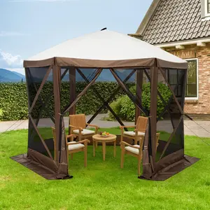 12x12 ft Pop-Up Gazebo Tent with 6 Side Mosquito Netting Height Adjustable Canopy Folding Shelter Includes Carry Bag Wheels for Patio Backyard Lawn Camping Brown