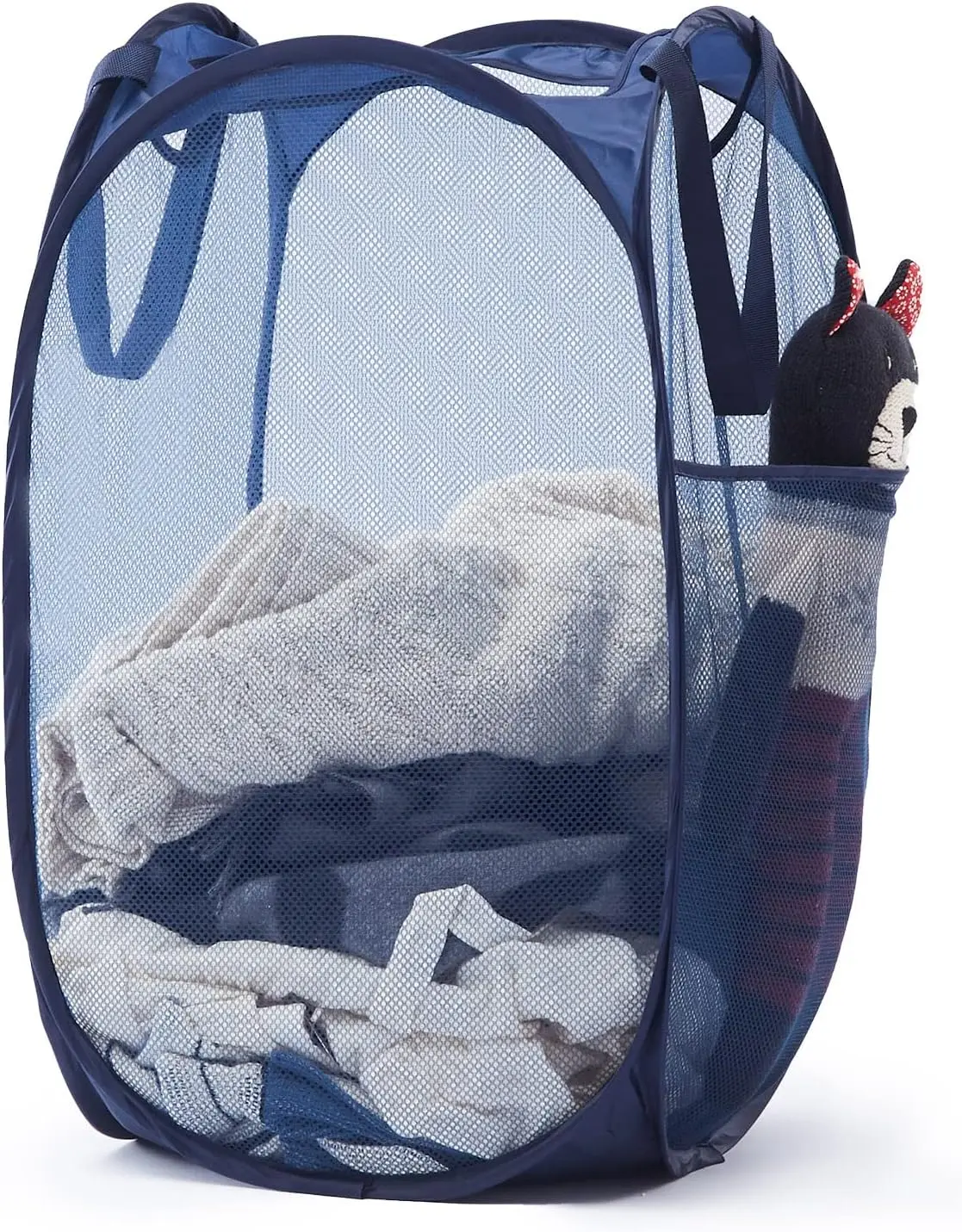 Collapsible Pop Up Laundry Basket, Hamper with Sturdy Handles and Side Pocket - Mesh Portable Foldable Dirty Clothes Hamper for Dorm, Laundry room, Bathroom and Travel Storage, Navy Blue