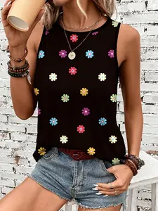 Women's Casual Floral Print Loose-Fit Round Neck Short Sleeve Top - Vibrant Multicolor Flowers on Black, Breathable Machine-Washable Shirt for Spring Summer Fall, Flower Blouse, Seasonal Fashion, Pullover Style, Comfortable Fabric, Sleeveless