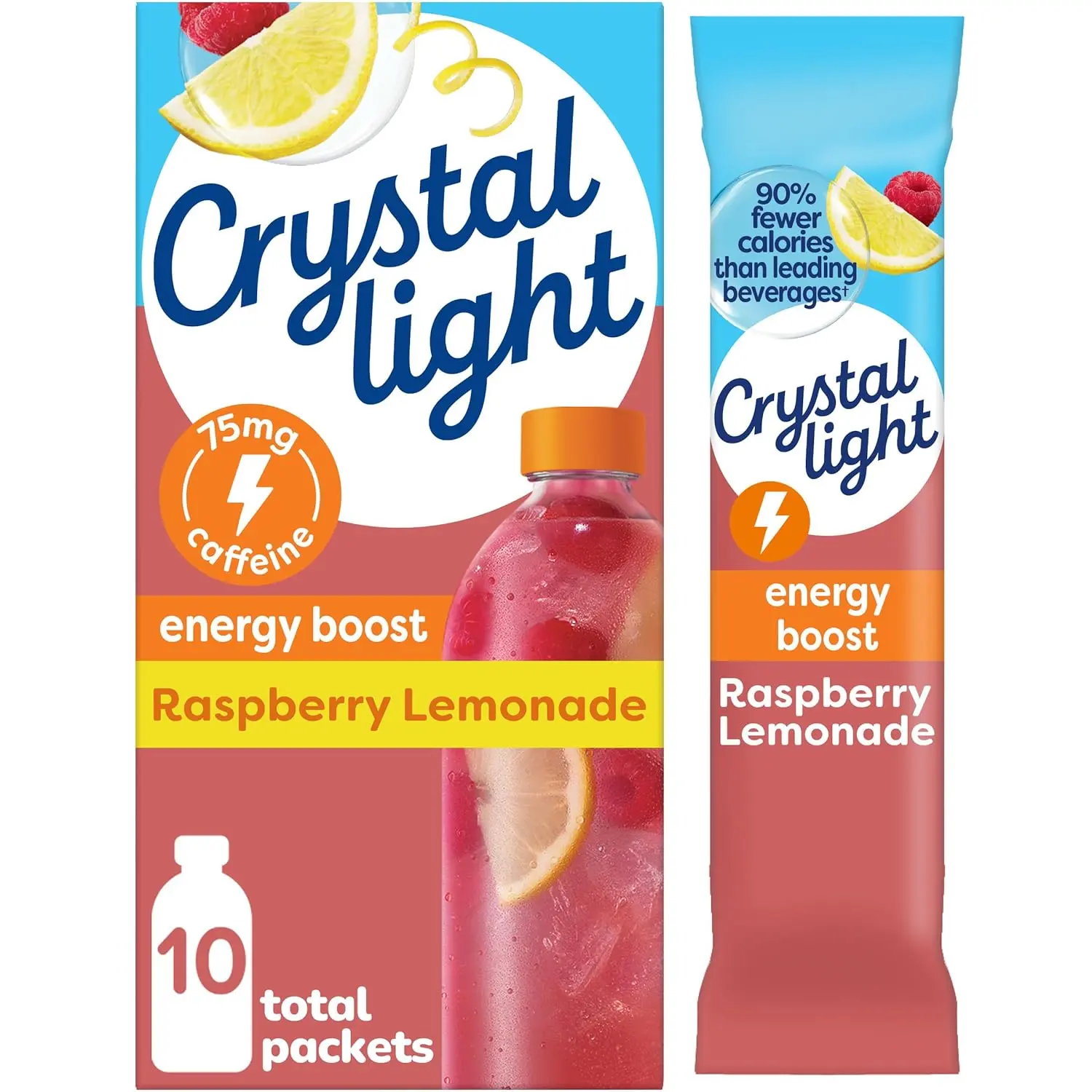 Crystal Light Raspberry Lemonade Energy Drink Mix, 10 On-the-Go Powder Packets, Refreshing Caffeinated Drink Mix, Easy Travel Sticks