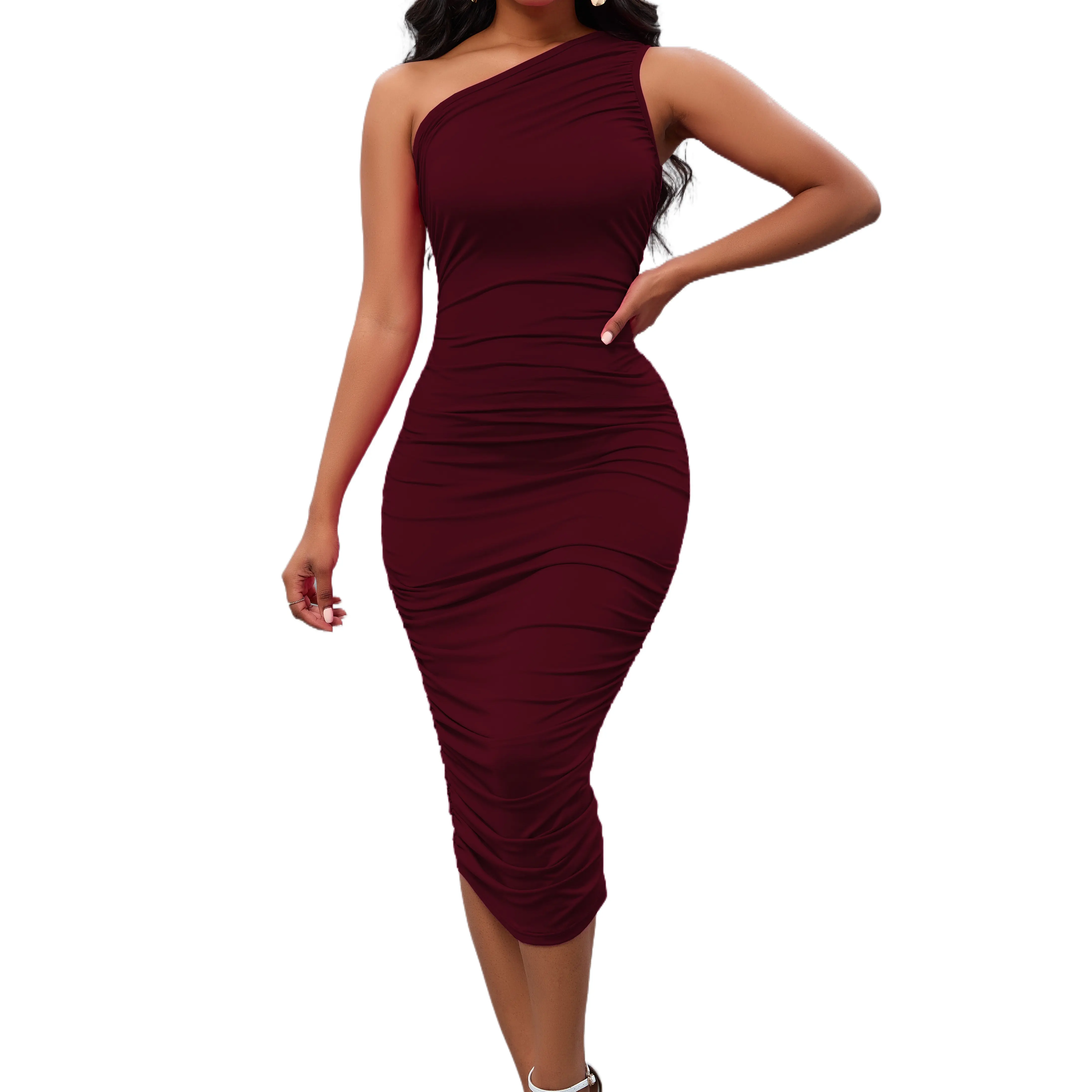 Women's One-Shoulder Ruched Midi Bodycon Dress, Curve-Hugging Figure-Flattering Gown for Club & Evening Parties