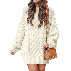 ANRABESS Women Long Sleeve Crewneck Oversized Cable Knit Chunky Baggy Loose Pullover Tunic Minimalist Sweater Dress For Women 2025 Trendy Winter Outfits
