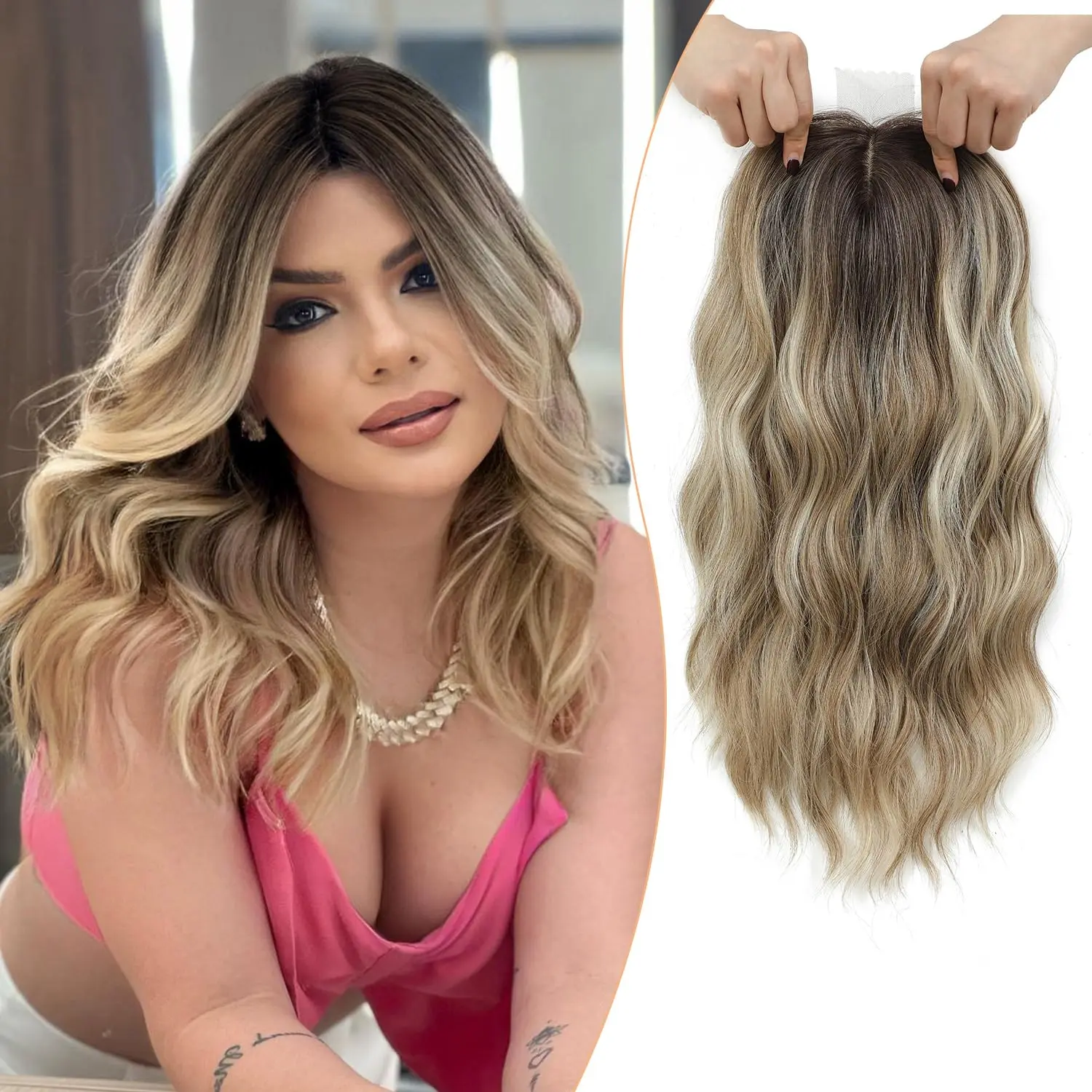 PANEWAY 16 Inch Curly Hair Topper for Women - Soft Synthetic Clip-In Hairpiece with 6.5"x6.5" Natural Base, Volume Solution for Thinning Hair, Rich Gradient Colors for Daily Wear