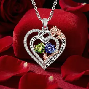 [TrendTiny] S925 Sterling Silver Double Heart Rose Pendant Necklace, 12 Birthstone Color Block Heart Jewelry, Birthday Mother's Day Gift for Mom, Elegant Christian Faith Accessory, Fast Shipping from USA
