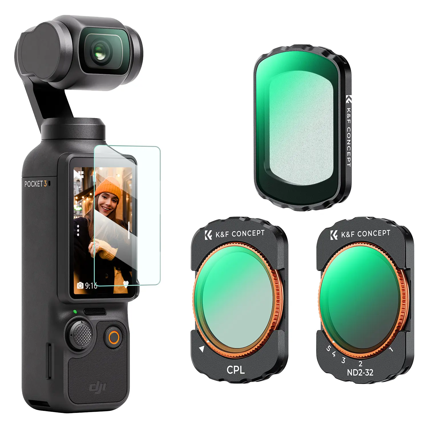 K&F CONCEPT 3-Pack Magnetic Camera Filter Kit for DJI Osmo Pocket 3/XTRA, Photography Set with CPL, Black Diffusion 1/4, Variable ND2-32 Filters, HD AGC Glass, Multi-Coated Hydrophobic Accessories, 3-Pack Kit, Variable Nd