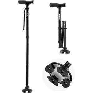 VEVOR Walking Cane for Man Woman, Folding Walking Stick with 8-Level Adjustable Height, 4-Pronged Pivoting Base, Lightweight Portable Aluminum Mobility Aid for Seniors Adults, 250LBS Loading (Black)VEVOR Super Brand Day