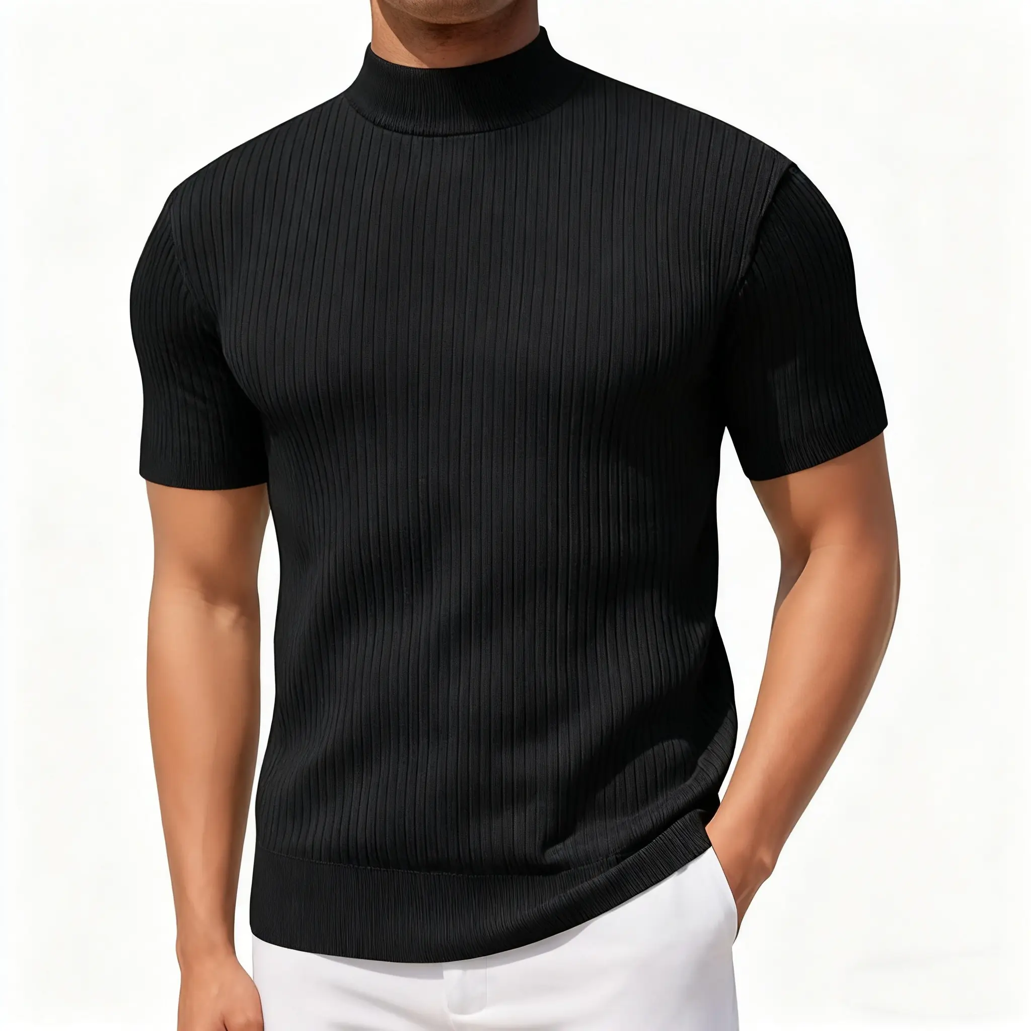 Men's Mock Turtleneck Short-Sleeve Knitwear Pullover - Lightweight Snug Fit Polyester Knitwear Tops, Ribbed Basic Menswear, Plain Minimal Casual Top, Easy to Style, Solid Color, 2XL Size
