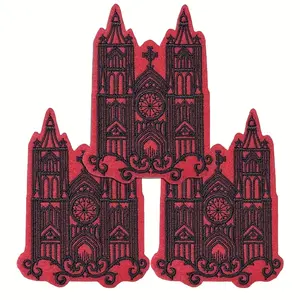Set of 3 Goth Cathedral Embroidered Patches Red & Black, Iron-On/Sew-On Goth Church Patches for Jackets, Backpacks, Hats, Halloween Decorative Patches
