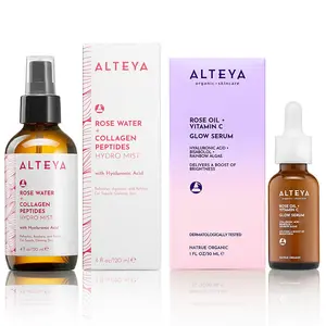 Rose Water Hydro Mist + Serum Renewal Set - Hydrating & Brightening with Hyaluronic Acid and Collagen Peptides - Organic Serum + Gentle Toner