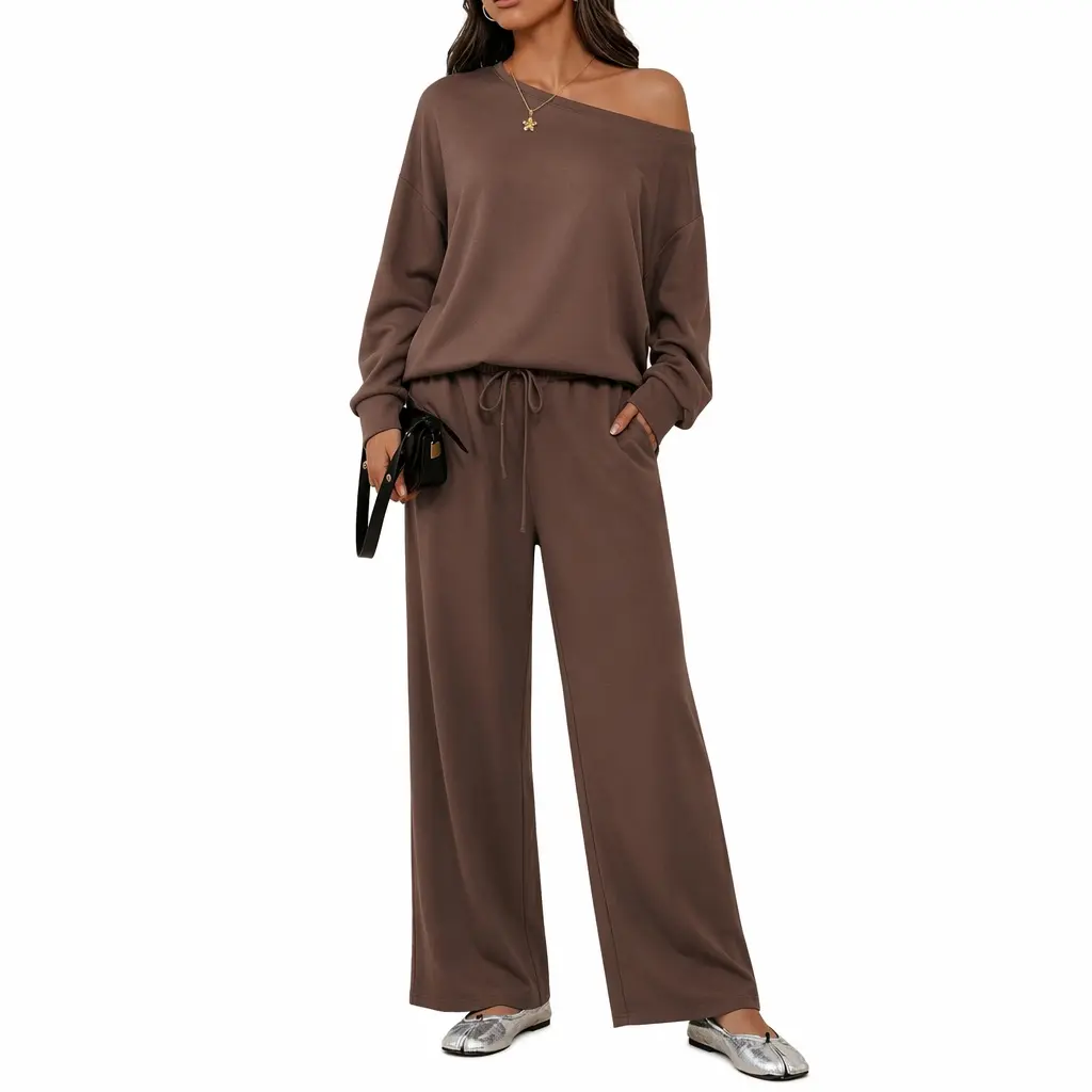 2026 Back to School Season Women's Silky Sloping Shoulder Longsleeves Scoop Neck Comfy Fits Lazy Outfit 2 Piece Pants Set Women, Solid Color Loose Fit Viscose Spandex Separates