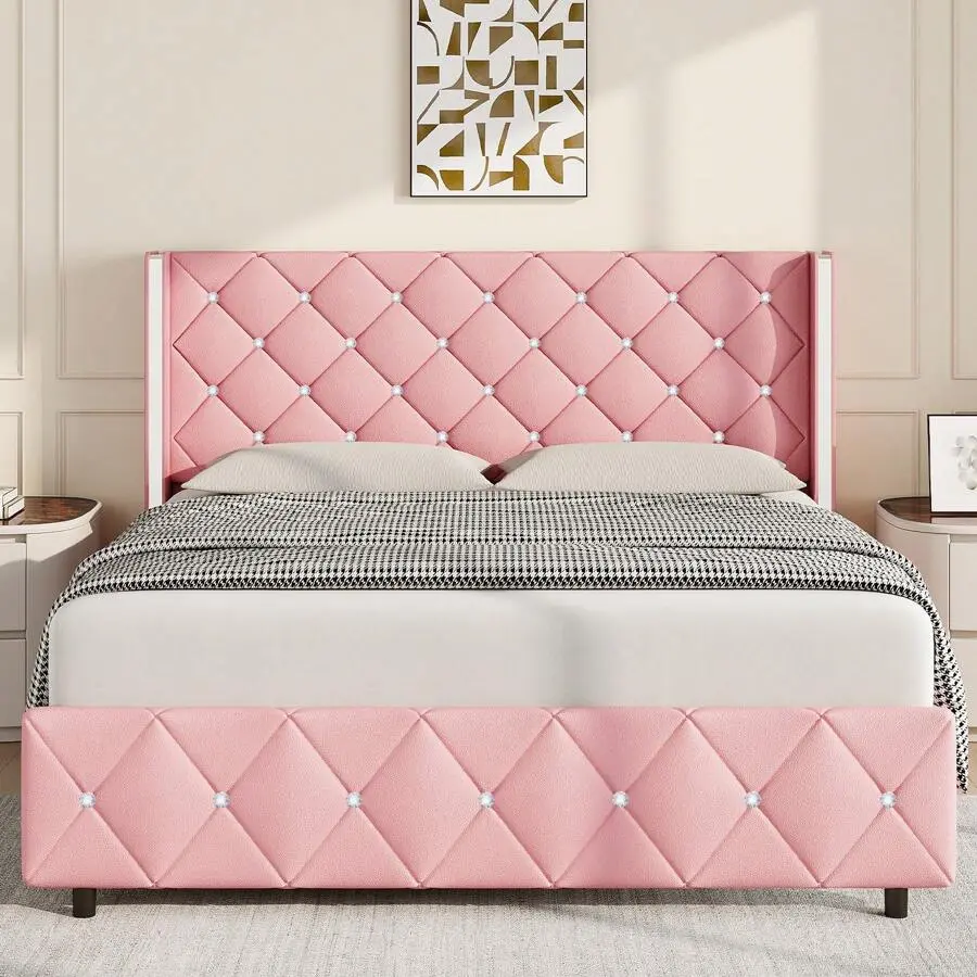 Frame  Wingback Headboard, Upholstered  Frame  Diamond Headboard And Footboard, Faux Leather Modern  Frame, Easy Assembly, Purple/ Blue/ Pink/ White/ Black/ Green, Twin/ Full/ Queen/ King with Bed high Size Gingham Daybed Trundle