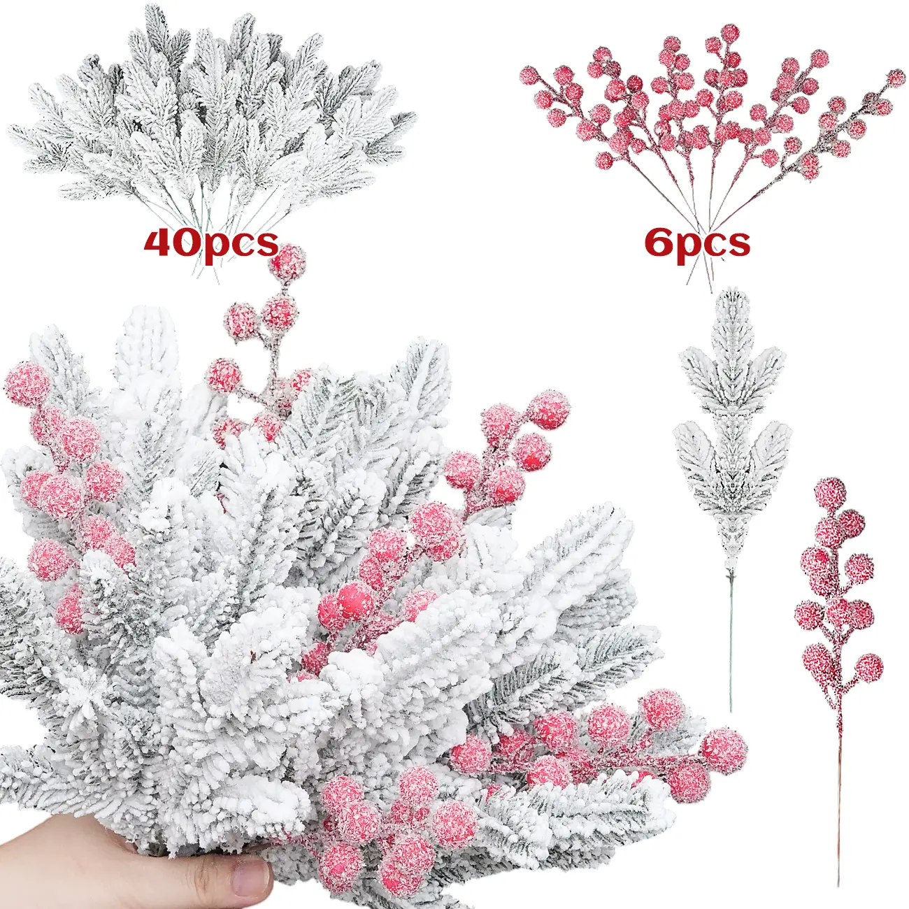(Snow effect) 40 Pcs Artificial Pine Needles 6 Pcs red berry Branches Garland Green Plants Pine Needles Snow Covered Style Christmas Picks Fake Christmas Greenery for Xmas DIY Garland Wreath Home Garden Decor