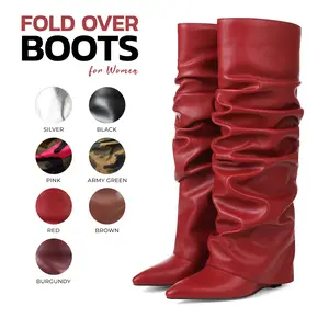 Knee High Fold Over Boots for Women Pointed Toe Womens Fashion Date Dress Party Trendy Tall Boot Boots for Women