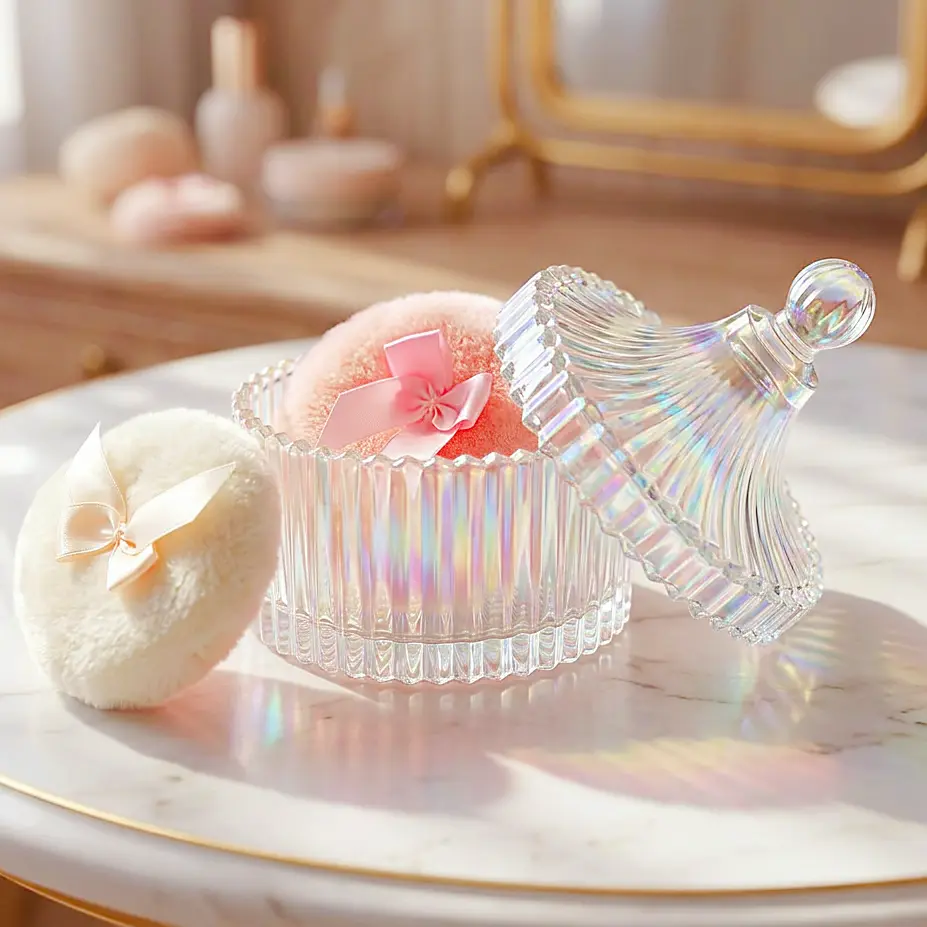 Luxury Iridescent Crystal Glass Powder Puff Jar Set, Dusting Powder Jar, Powder Puff Holder, Makeup Vanity Organizer, Cosmetic Storage Organizer, Jewelry Storage, Crystal Vanity Decor for Women